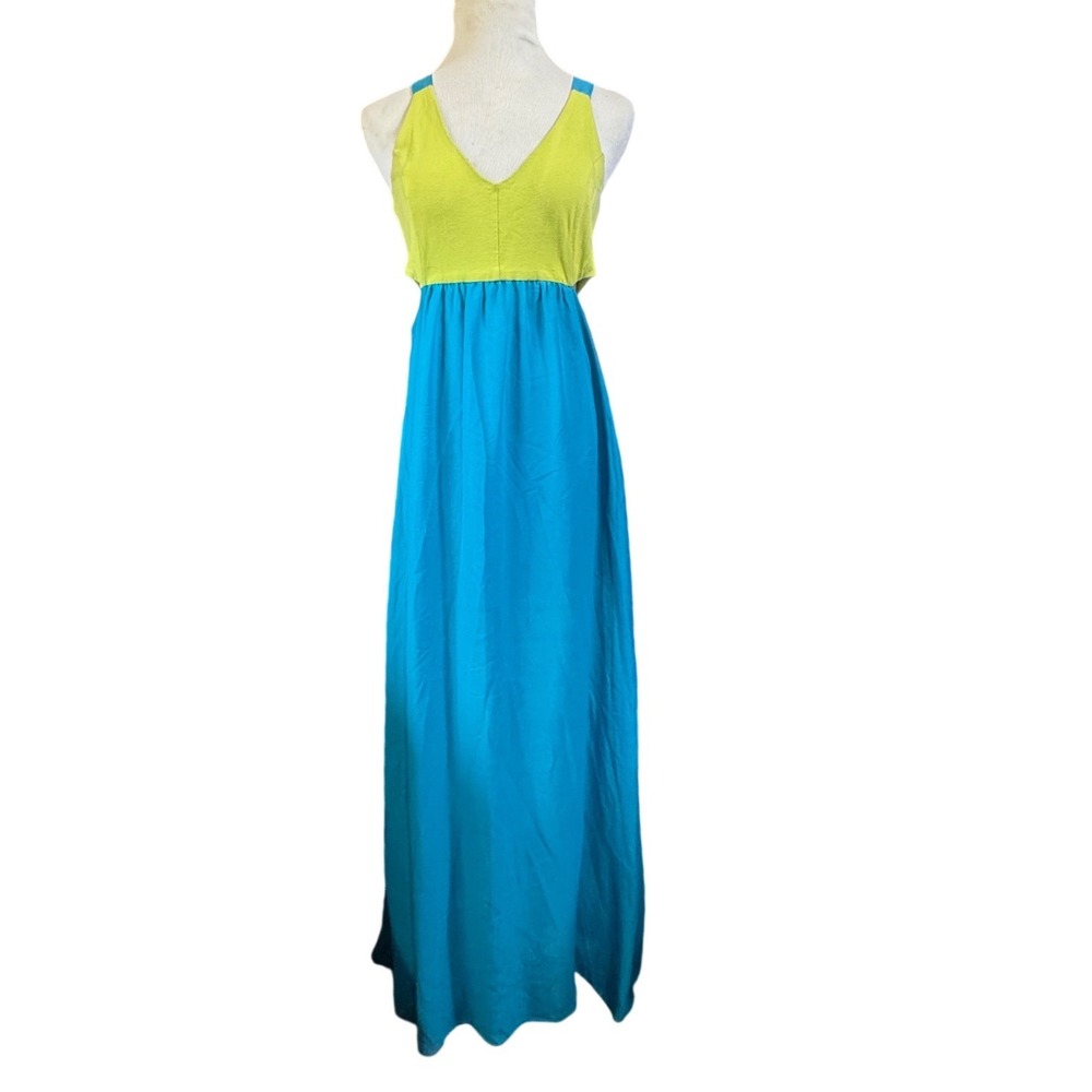 Material Girl Maxi Dress Womens Large Colorblock Criss Cross Back Green Blue
